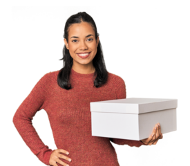 Young Filipina holding a box showing a copy space on a palm and holding another hand on waist.