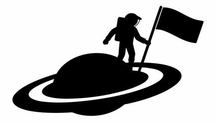 Obraz premium Astronaut silhouette planting flag on a planet with rings in a black and white space exploration scene