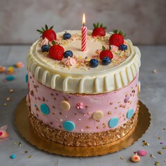 Festive birthday cake with lit candles and colorful sprinkles isolated on transparent background