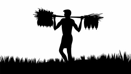 Silhouette of a farmer carrying crops on a pole across his shoulders in a field of tall grass
