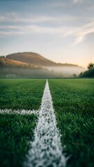 Serene soccer field at dawn with misty mountains and golden sunrise lighting the grass