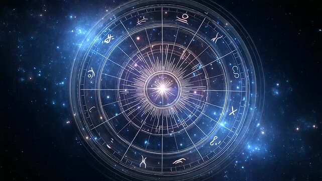 Rotating Zodiac Wheel Illuminated in Cosmic Background