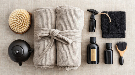 Cozy spa day essentials with soft towels and natural elements.