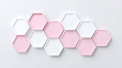 Hexagonal shelf design with pink and white compartments arranged in modern pattern, creating stylish and elegant wall decoration with soft color palette