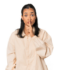 Young Filipina woman keeping a secret or asking for silence.