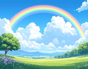 Bright, idyllic landscape with rainbow