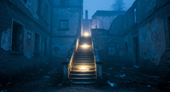 Eerie illuminated stone staircase amidst the foggy ruins of an abandoned building at twilight.