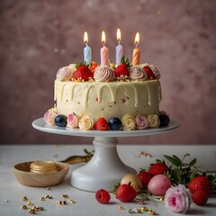 Festive birthday cake with lit candles and colorful sprinkles isolated on transparent background