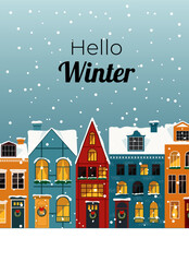 Festive hello winter card with colorful snowy houses, snowflakes, and cozy seasonal mood.