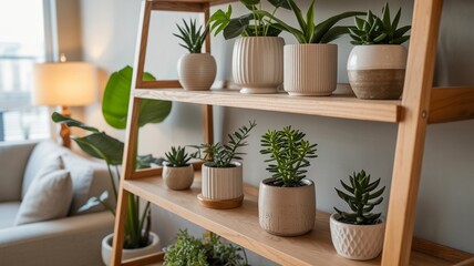 Wooden shelf with potted houseplants in living room