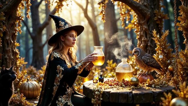 Halloween. Beautiful young very attractive witch brews a magic potion in a fairy forest.