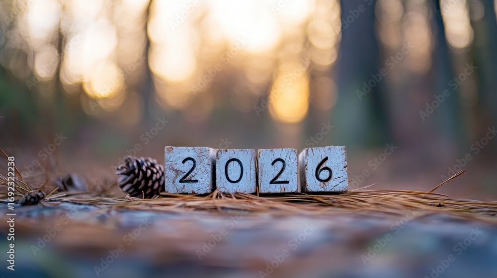 Poster wooden blocks displaying the year 2026 in a tranquil forest setting at sunset