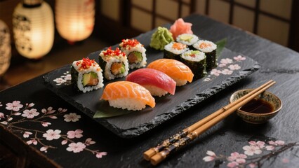 Assorted sushi rolls and nigiri served on black slate