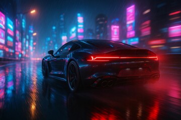 Futuristic sports car driving at night in neon city