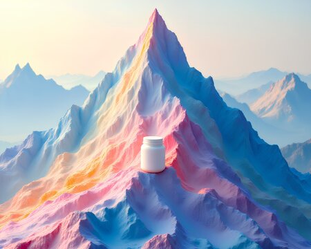 A white cosmetic jar mockup on the peak of a surreal, colorful mountain range. An epic, adventurous skincare concept