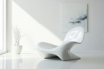 White futuristic chair in a bright modern living room with a minimalist painting and a decorative plant, creating a clean aesthetic