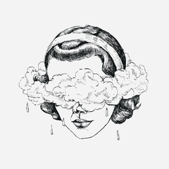 Vintage woman head with eyes covered by clouds raining.  