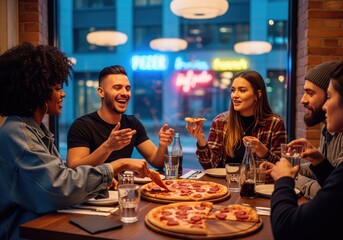 Friends enjoying pizza at a restaurant