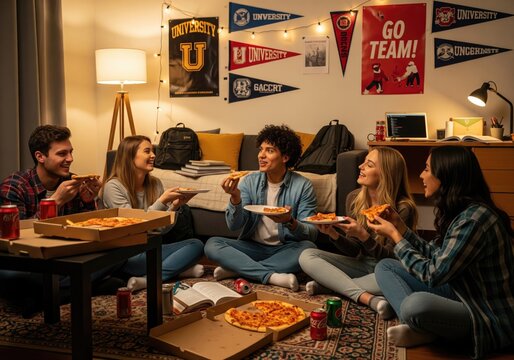 Friends enjoying pizza in a cozy dorm room setting.