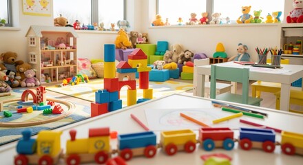 Fototapeta premium Bright, child-friendly playroom filled with colorful toys, blocks, trains, and stuffed animals. A space designed for early childhood learning and development
