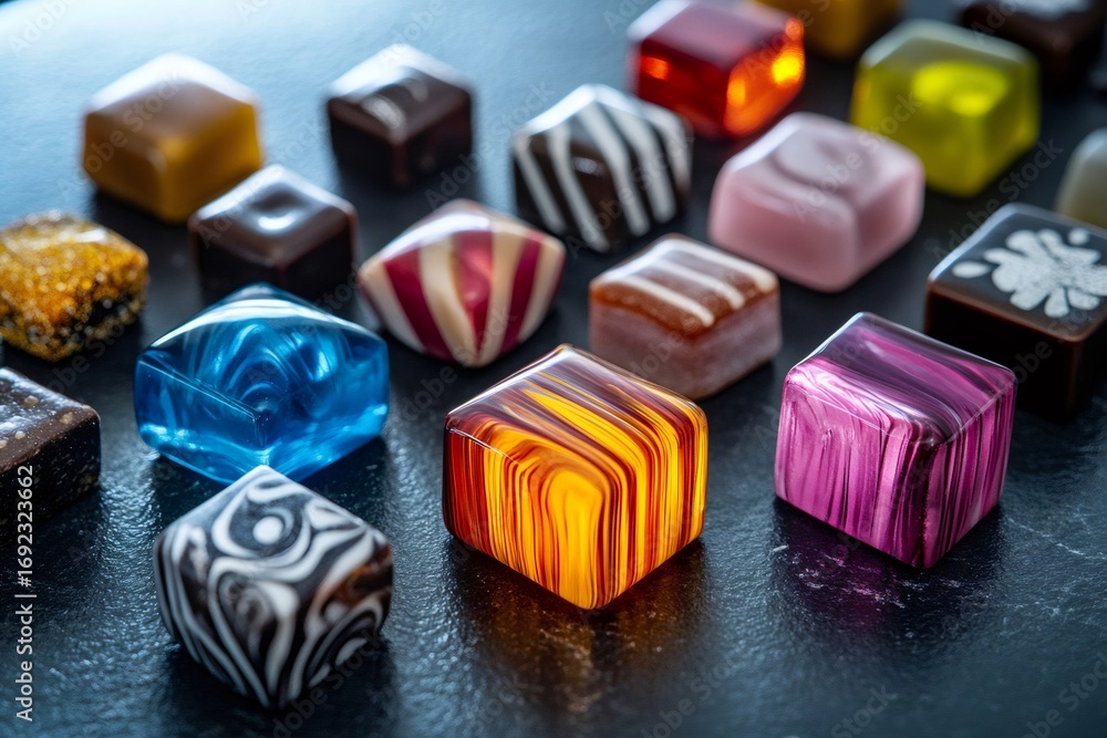 Poster luxurious handmade bonbons with vibrant colors and swirling patterns, creating a visually appealing 