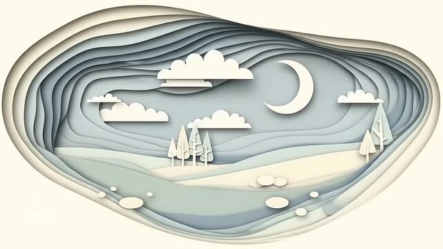 Serene paper-cut landscape with rolling hills, stylized trees, clouds, and a tranquil atmosphere