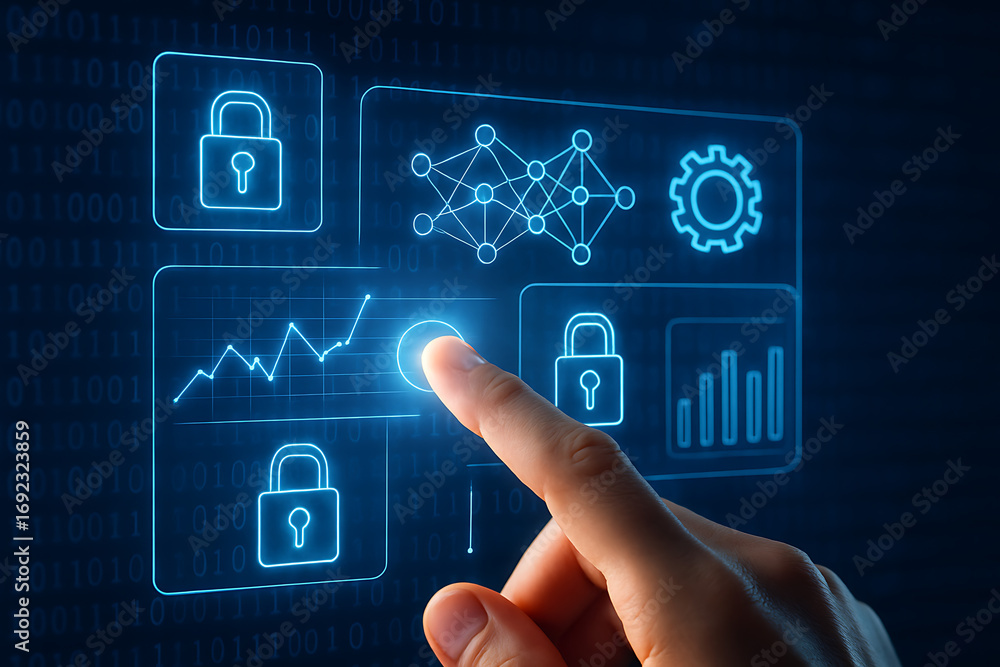 Fototapete a hand points to a futuristic digital screen with padlock icons and a neural network, symbolizing se