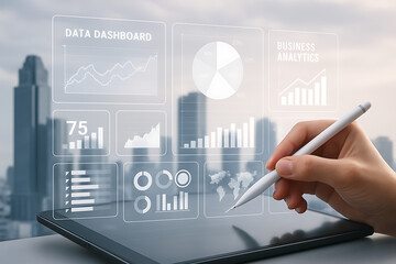 A hand holds a stylus and points to a futuristic dashboard with various business analytics and data visualizations floating in a modern city