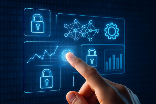 A hand points to a futuristic digital screen with padlock icons and a neural network, symbolizing secure data and network protection