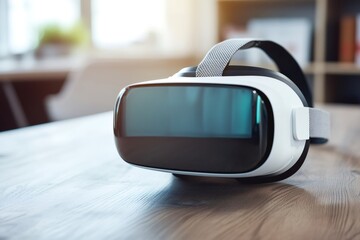 White virtual reality headset placed on a wooden table, representing the blend of modern technology and comfortable living in contemporary homes