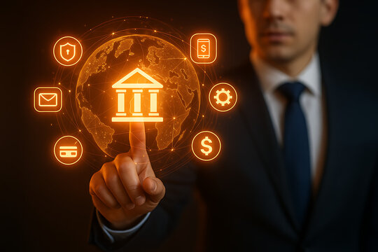 A businessman uses his finger to touch a glowing hologram of a bank and a globe surrounded by various financial and banking symbols