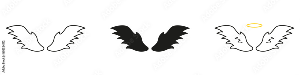 Poster elegant flying wings line and solid icon set. collection of holy air elements with flowing shape for