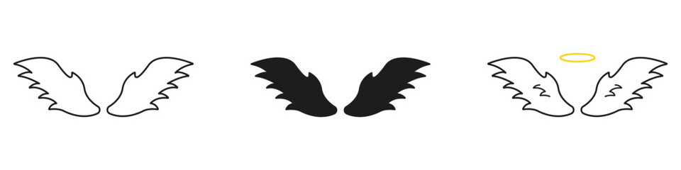 Elegant Flying Wings Line And Solid Icon Set. Collection Of Holy Air Elements With Flowing Shape For Divine, Spiritual, Or Fantasy Concepts. Symbol Collection. Isolated Vector Illustration
