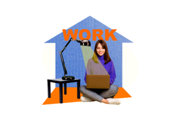 Composite photo collage of happy businesswoman surf macbook device remote work home lamp light ray comfort isolated on painted background