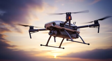 Drone in Flight at Sunset - Modern Technology and Aerial Photography.