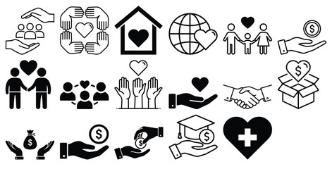 Charity and donation line icons set isolated on white background vector illustration