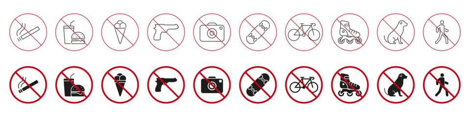 No Entry Prohibition Signs Icon Set. Smoking, Food, Photography, Weapons, Skateboarding, Cycling and Rollerblading Restriction Symbols. Public Space Rules. Isolated Vector Illustration