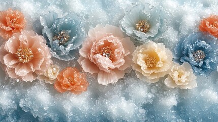 Frosty Floral Arrangement with Pastel - Hued Flowers on Icy Background 
