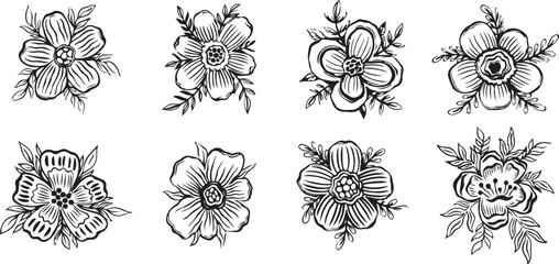 Floral Decoration Vector – Hand-Drawn Flowers, Botanical Ornament, Decorative Bloom Sketch, Vintage Illustration