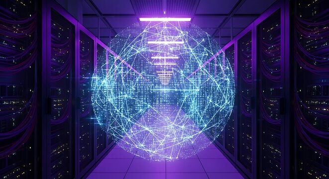 Futuristic Data Center with Glowing Sphere and Server Racks.