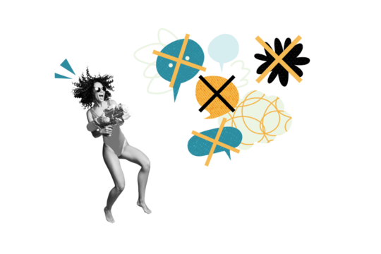 Composite photo collage of excited american girl hold water gun summertime game shoot text box cross talk isolated on painted background