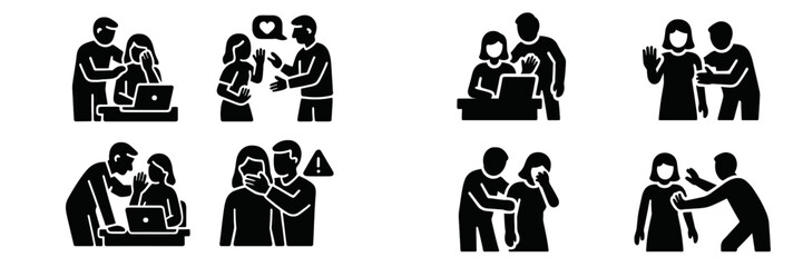 Workplace harassment and abuse glyph icon set showing inappropriate conduct, bullying, and unwanted advances