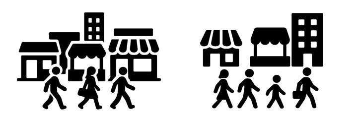 Set of black silhouette icons depicting people walking on a city street past shops and buildings, representing urban life and pedestrians © icon_art