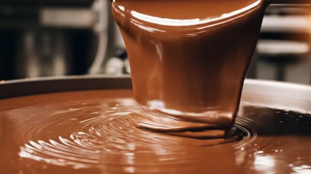Liquid chocolate being poured into large containers at a confectionery factory during afternoon production