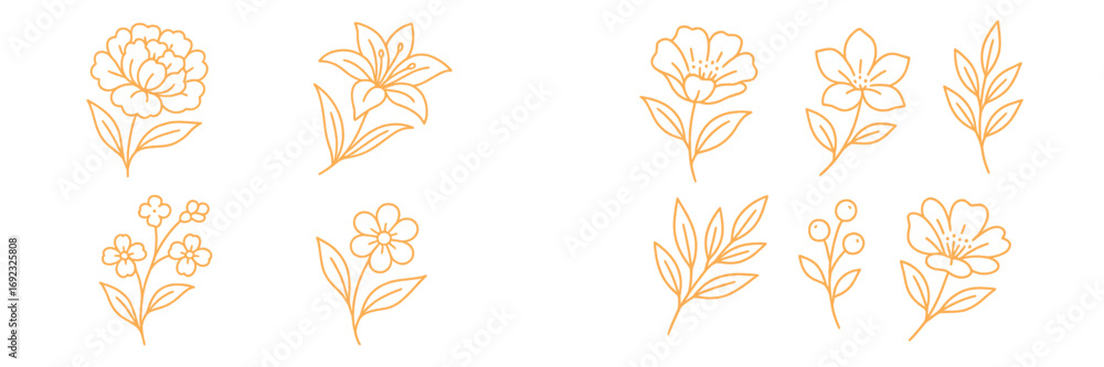 Aufkleber set of elegant botanical line art with various flowers and leaves for minimalist design elements and