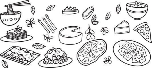 Food Ingredients Doodle Vector – Pizza, Cheese, Pasta, Vegetables, Hand-Drawn Italian Cuisine Elements