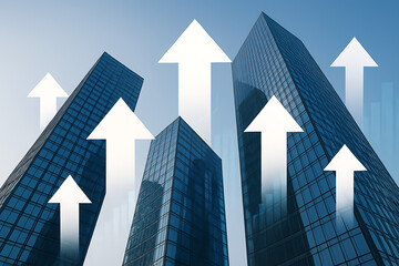 Business growth and corporate expansion, abstract image of skyscrapers with multiple white arrows pointing up, symbolizing a positive market and financial success