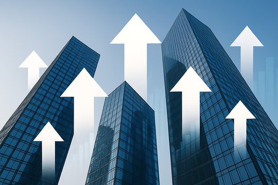 Business growth and corporate expansion, abstract image of skyscrapers with multiple white arrows pointing up, symbolizing a positive market and financial success