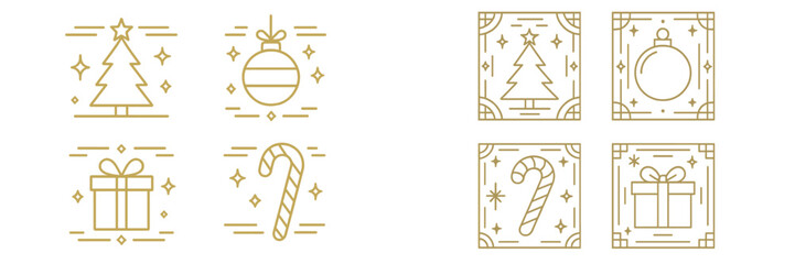 Minimalist gold line art Christmas icon set with tree, ornament, gift box, and candy cane symbols for holiday design elements
