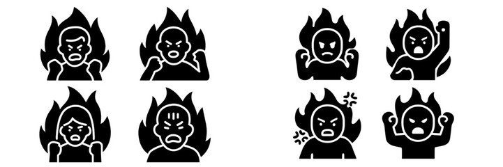 Angry person on fire glyph icon set for representing concepts of rage, fury, stress, and negative emotions